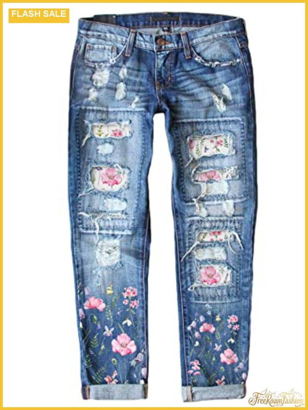 Distressed Boyfriend Skinny Stretch Denim Jeans with Patches